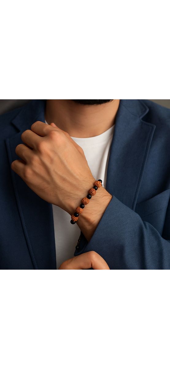 Brățara șnur Rudraksha Agat Negru, pietre naturale, femei barbati reglabilă unisex negru