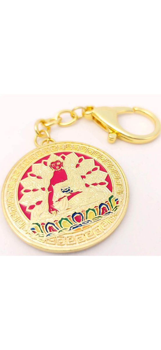 Breloc Ratnasambhava Buddha, amuletă feng shui pentru înțelepciune și bogăție, metal roșu 10 cm