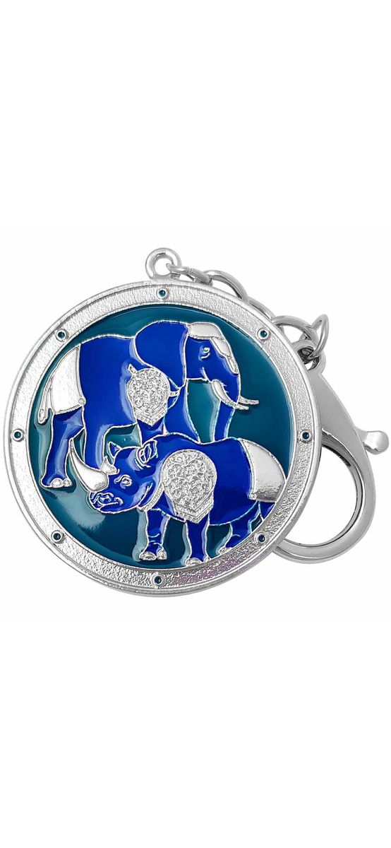 Breloc rinocer si elefant, amuleta protectie accidente, furturi si tradare, metal de calitate, albastru