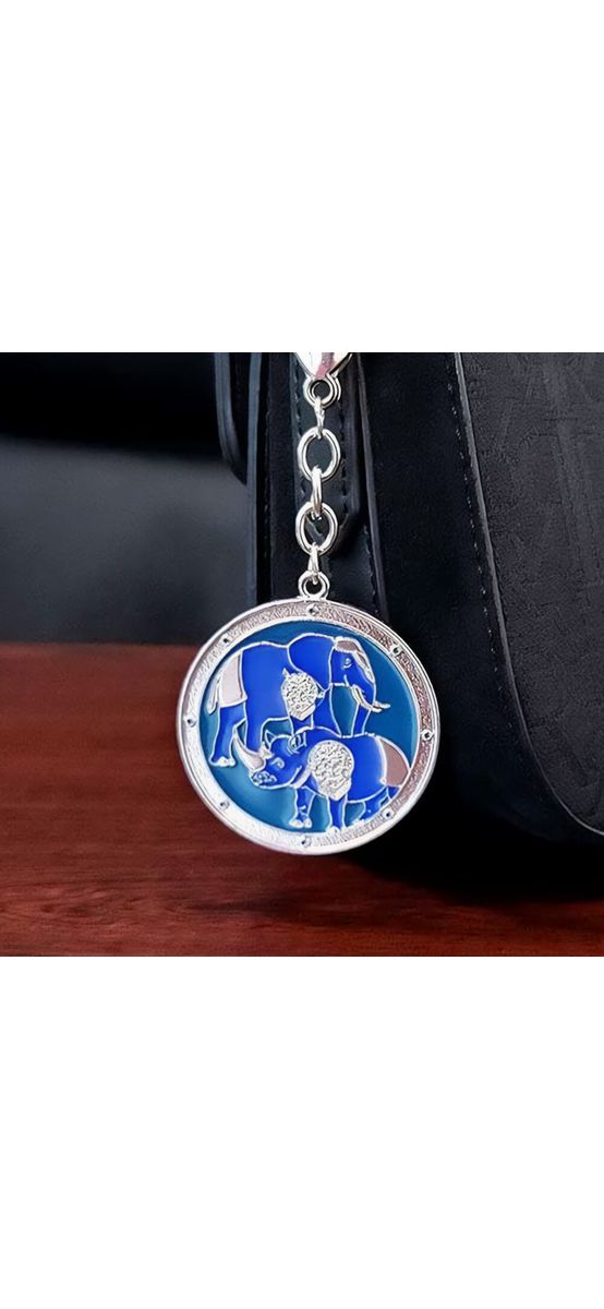 Breloc rinocer si elefant, amuleta protectie accidente, furturi si tradare, metal de calitate, albastru
