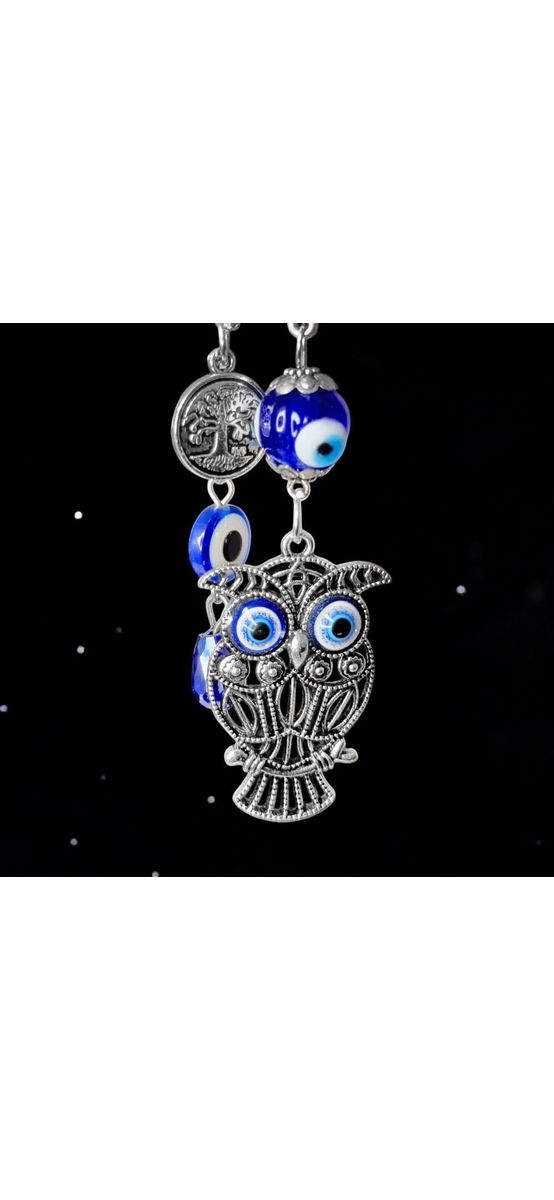 Breloc Bufniță și Ochiul magic norocos, amuletă pentru înțelepciune și dragoste, metal albastru  9.5 cm