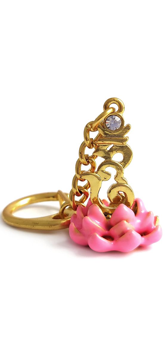 Breloc silaba Hum pe floare de lotus, amuletă feng shui pentru căsătorie, metal roz 8 cm și zirconiu