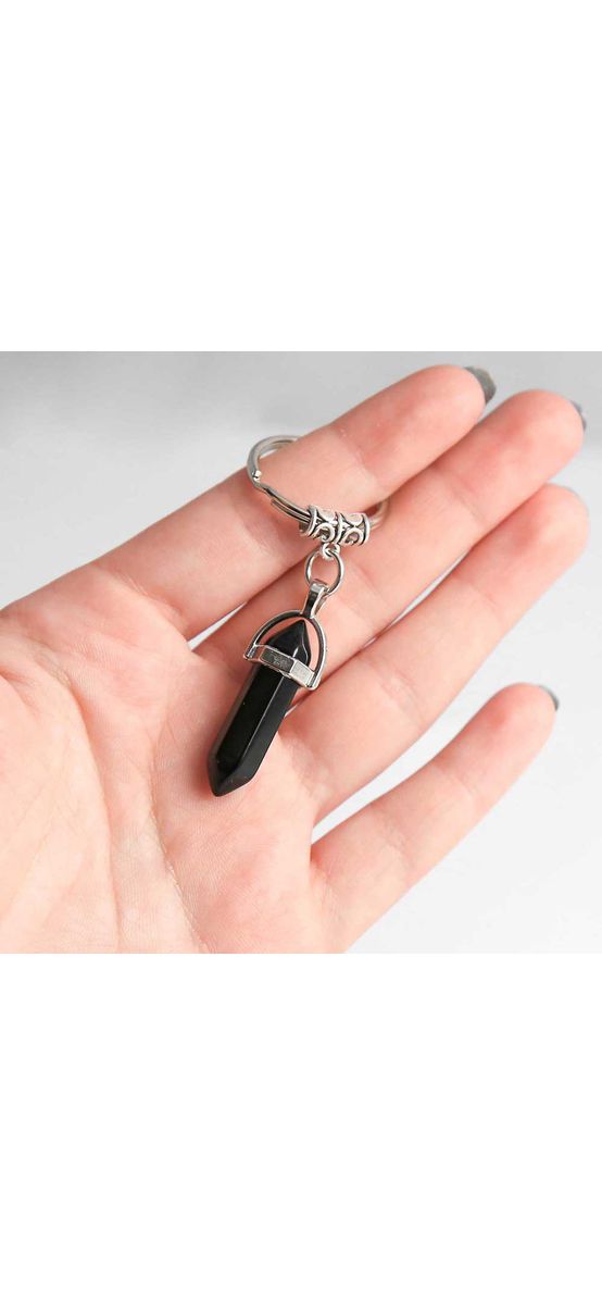 Breloc Obsidian Negru, piatra concentrării și eliberării energiilor negative, metal solid argintiu, 6 cm