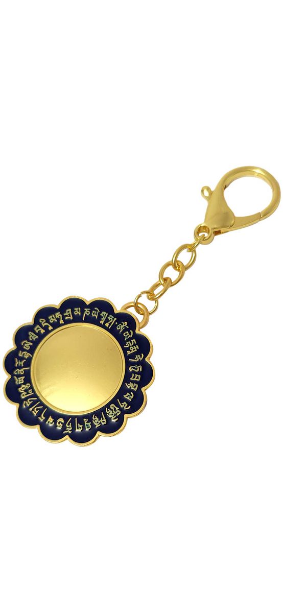 Breloc 28 Silabe HUM cu lotus, amuletă împotriva geloziei și jignirilor, metal alb cu albastru 10 cm