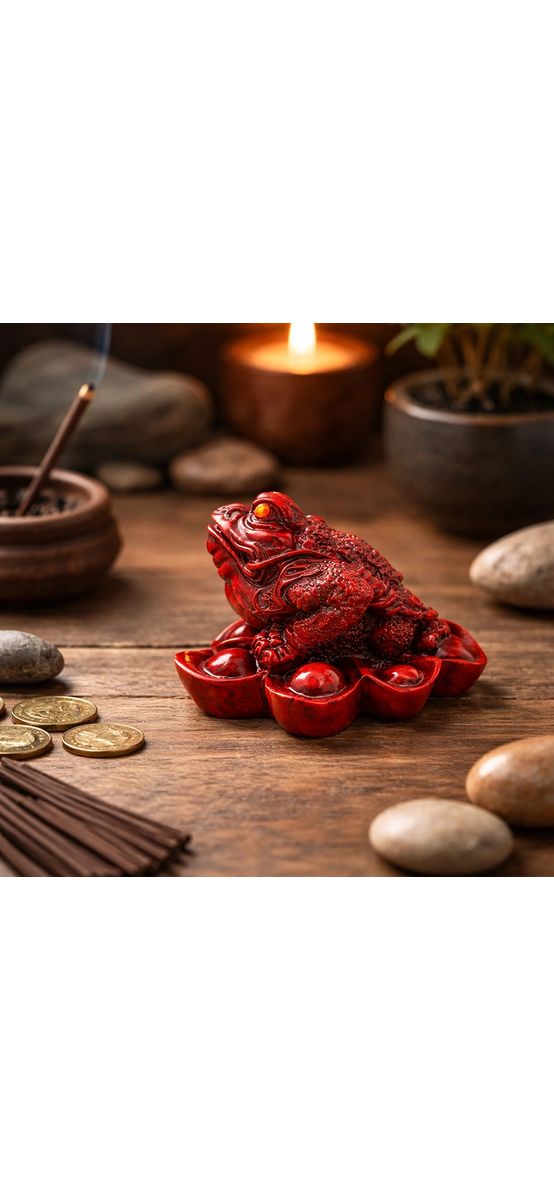 Broasca norocoasa Feng Shui, pe soclu de monede si pepite, statueta piatra 9 cm rosu