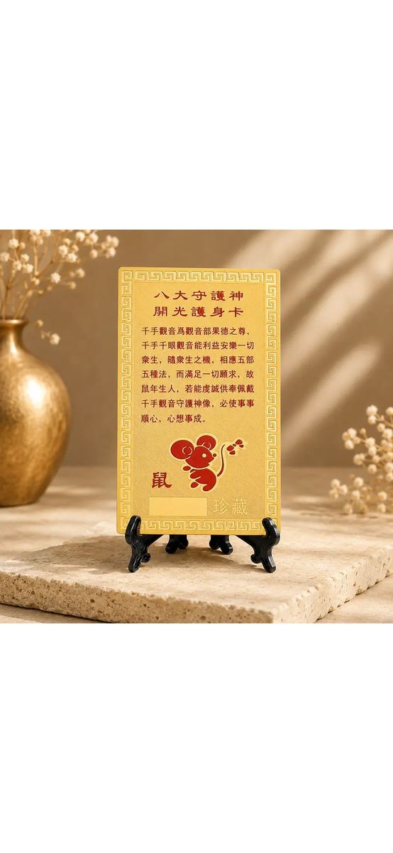 Card Feng Shui Șobolan, amuletă pentru conectarea cu energia semnului zodiacal, metal auriu 7.5 cm
