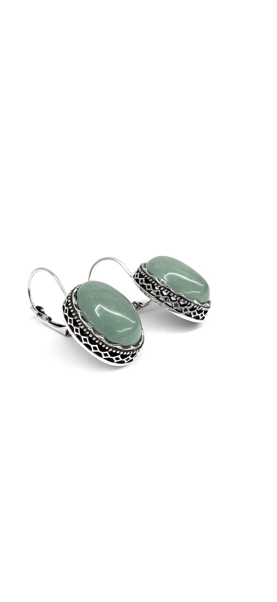 Cercei Aventurin, piatra norocului, picatură sau oval, piatra montata în motive grecești si tortiță argintie verde 3 cm