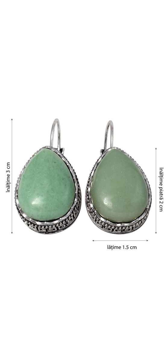 Cercei Aventurin, piatra norocului, picatură sau oval, piatra montata în motive grecești si tortiță argintie verde 3 cm
