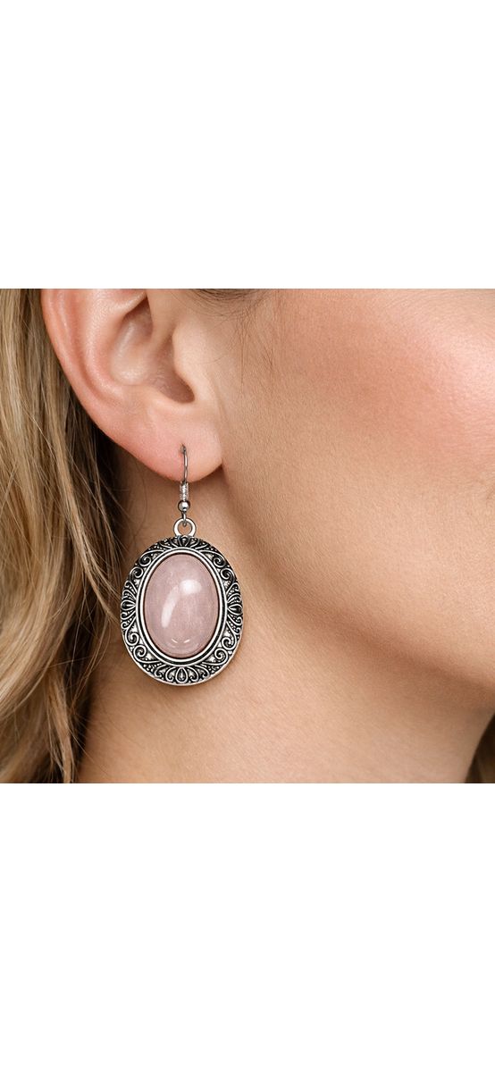 Cercei cuarț roz, piatra dragostei, formă ovală cu model