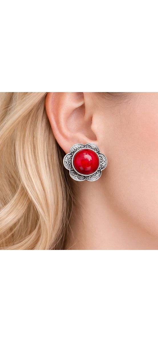 Cercei piatră roșie model floare, Howlit, 25 mm