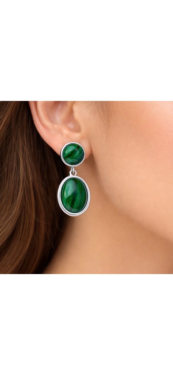 Cercei Malachit, piatră ovală dublă verde, tijă cu șurub 