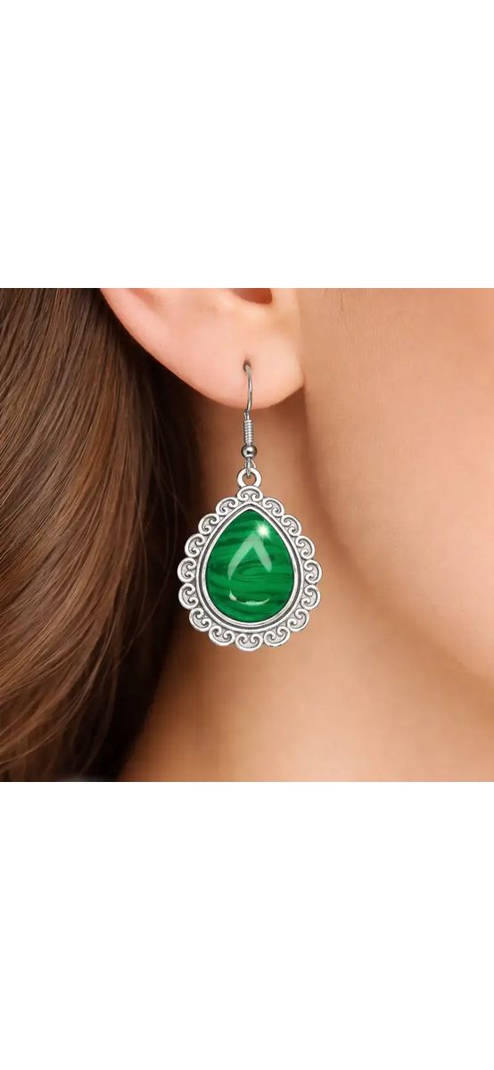 Cercei piatra Malachit, formă picătură 2 cm, verde