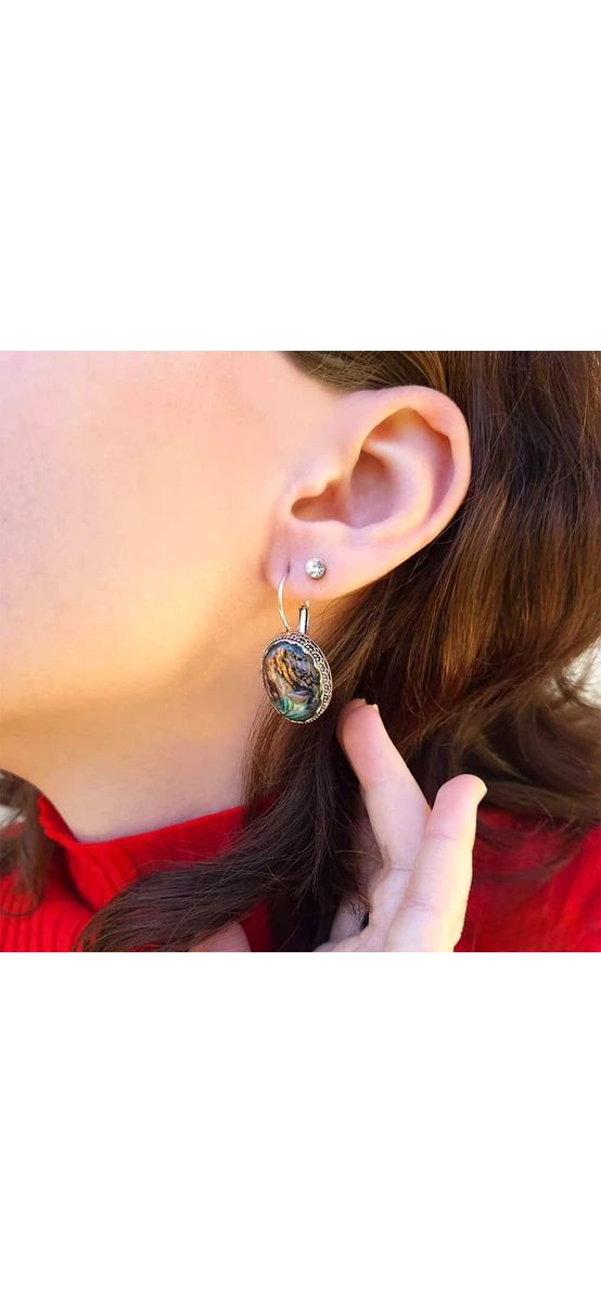 Cercei Mother of Pearl sau nacru sidef, piatra liniștii interioare și tortiță argintie, oval picătura 2 cm