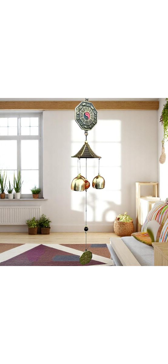 Clopoței de vânt din metal cu 2 pa kua, simbol Yin-Yang și Dragon, pagoda, 3 clopotei decorațiune elegantă pentru balcon sau grădină, cu sunet plăcut și relaxant, 45 cm