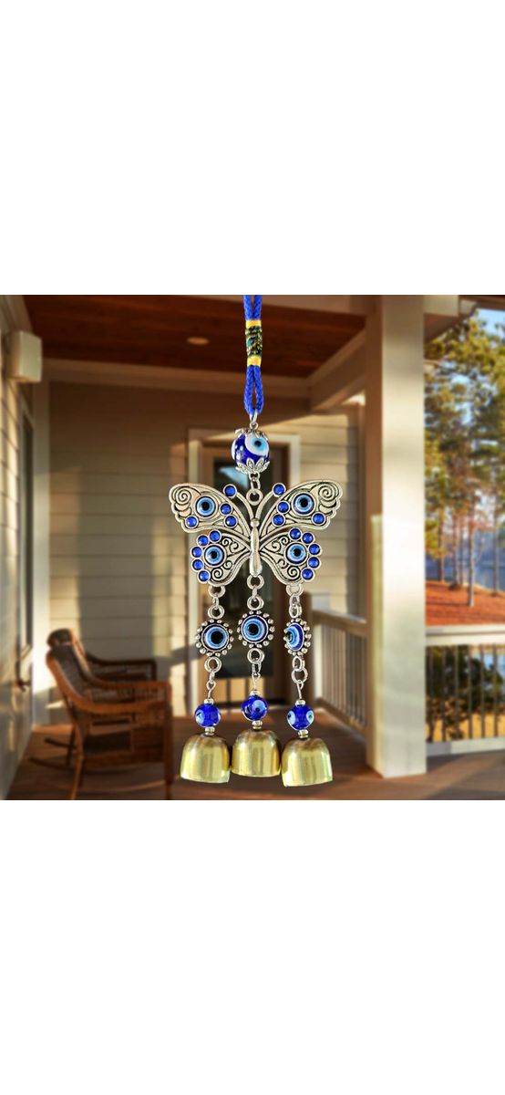 Clopotei metalici de vant cu fluture si ochi magic norocos, decoratiune cu simboluri de relatii armonioase, casa si gradina 26 cm
