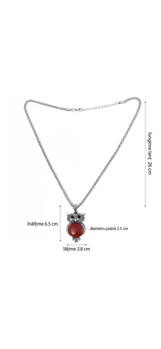 Colier Carneol pandantiv bufnita, lantisor tip tennis argintiu ajustabil, piatra 3.5 cm rosu