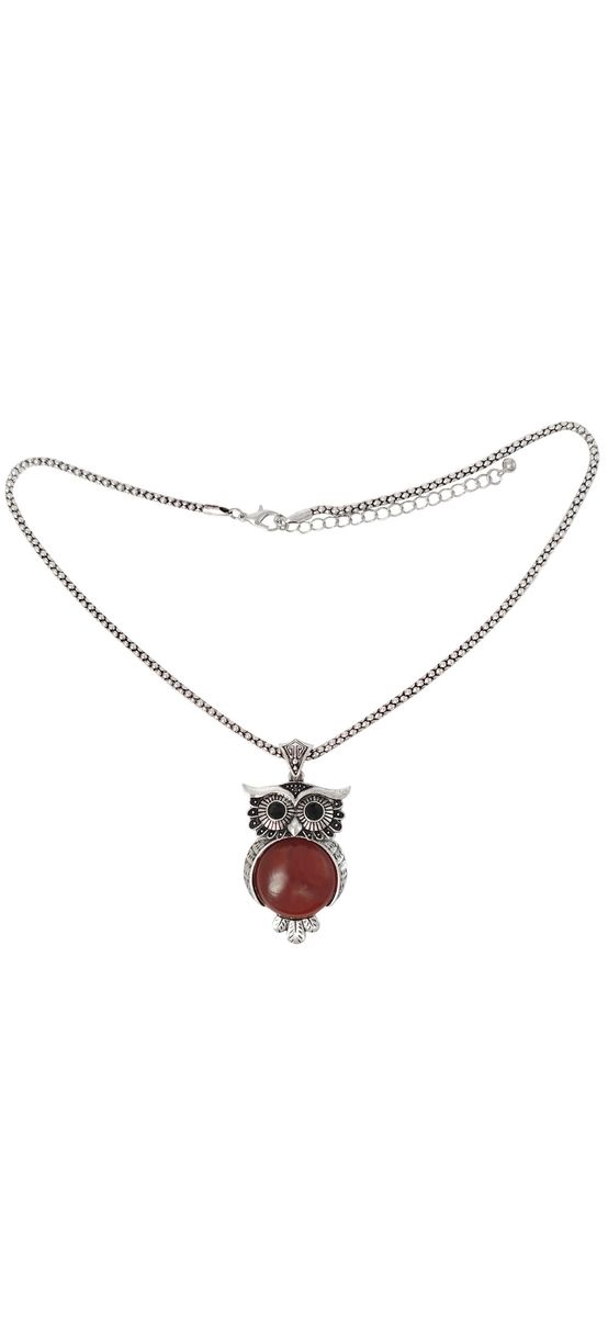Colier Carneol pandantiv bufnita, lantisor tip tennis argintiu ajustabil, piatra 3.5 cm rosu