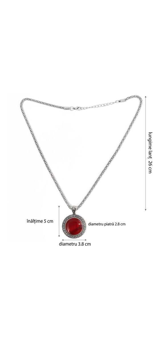 Colier Carneol rotund, pandantiv cu lantisor tip tennis argintiu ajustabil, piatra 3.5 cm rosu