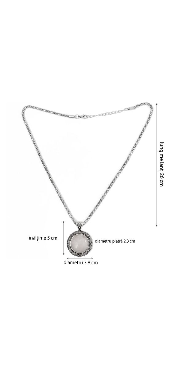 Colier Cuart rotund, lantisor tip tennis argintiu ajustabil, piatra 3.5 cm alb roziu