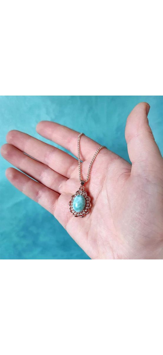 Pandantiv Larimar, piatra sufletului pereche si vindecatoare, set lantisor inoxidabil auriu roze