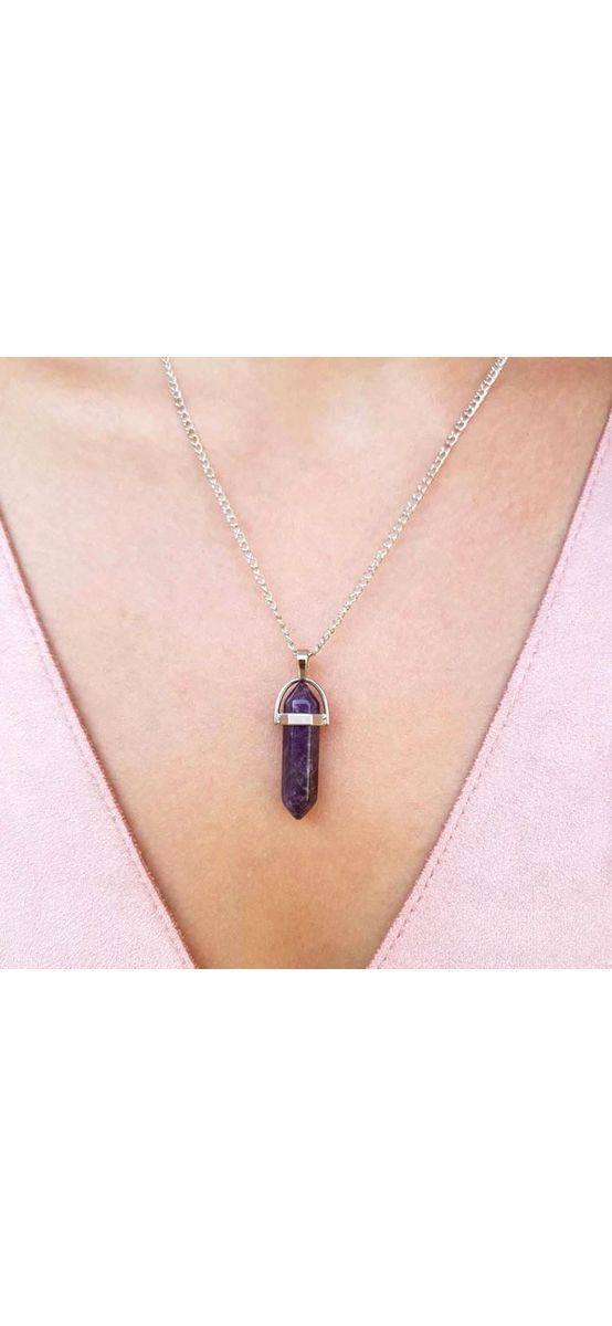 Pandantiv Ametist, piatra spiritualității, cristal natural hexagonal 34 mm dublu vârf violet