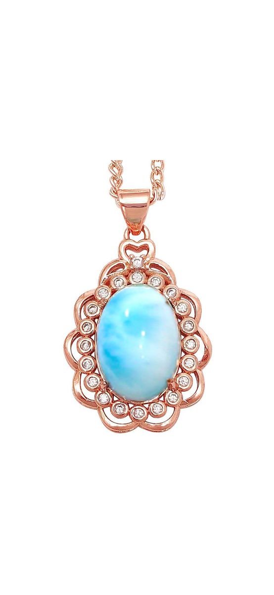 Pandantiv Larimar, piatra sufletului pereche si vindecatoare, set lantisor inoxidabil auriu roze