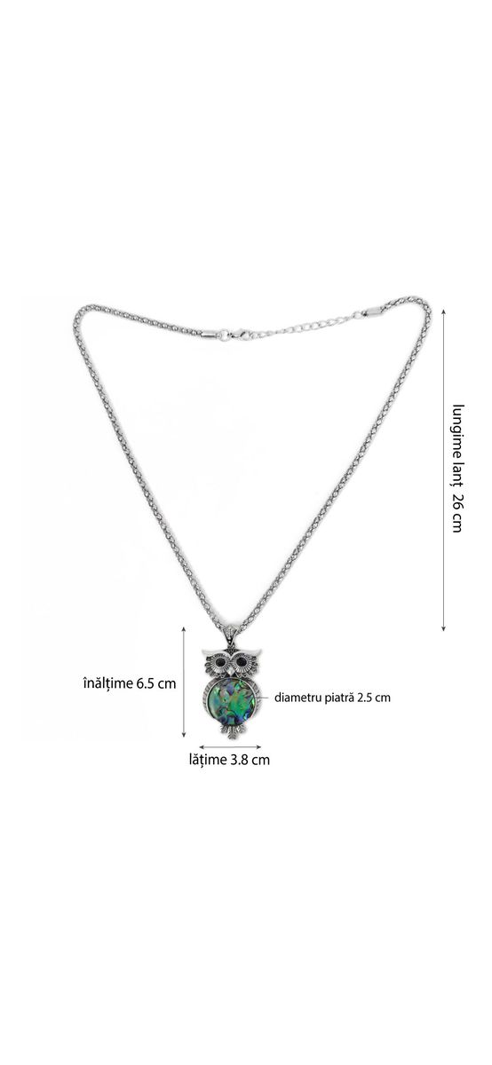 Colier cu pandantiv bufnita Mother of Pearl sau nacru sidef, lantisor tennis, piatra 3.5 cm