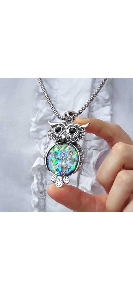 Colier cu pandantiv bufnita Mother of Pearl sau nacru sidef, lantisor tennis, piatra 3.5 cm