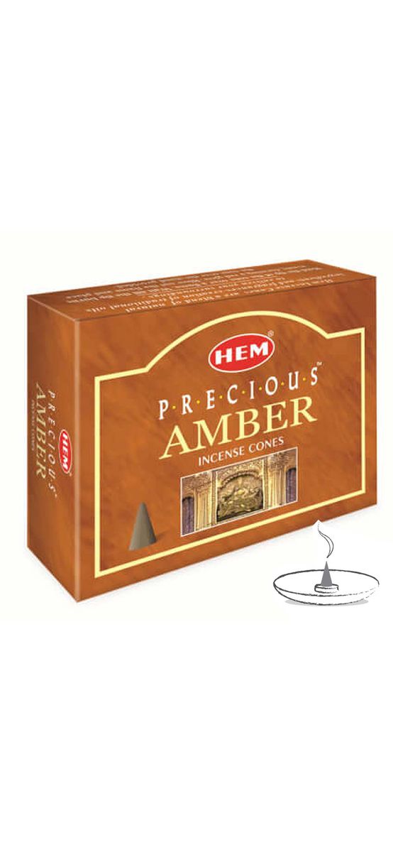 Conuri parfumate Ambra, profesional HEM Amber, aroma orientală și dulce, set 10 conuri (25g) suport metalic inclus