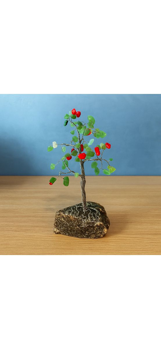Copac cu cristale Aventurin si Carneol, pietre de prosperitate, suport piatra naturala, handmade 14 cm verde cu rosu