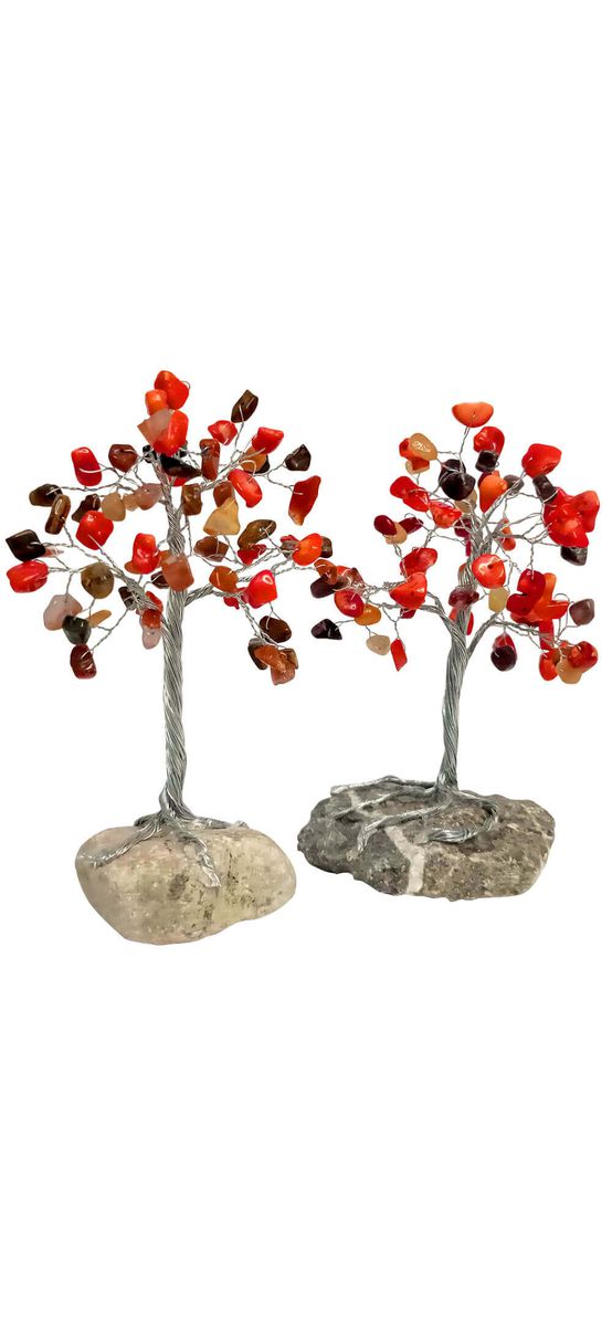 Copac cu pietre Coral, Carneol si Jasp, contra energiilor negative, suport piatra naturala, handmade 14 cm rosu
