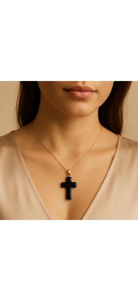 Pandantiv cruciuliță Onix, piatră naturală reconstruită, piatra negră