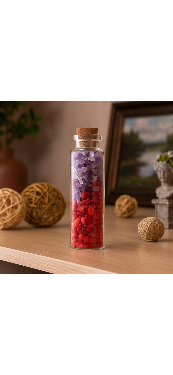Pietre semipretioase Coral si Ametist, pentru protectia de energii negative, sticla cilindrica decor 40g