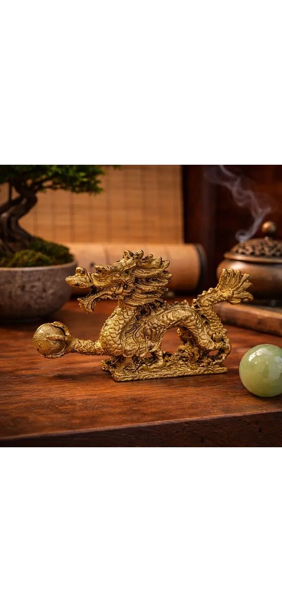 Dragon norocos feng shui cu perla nemuririi pentru bogatie, statueta auriu 14 cm