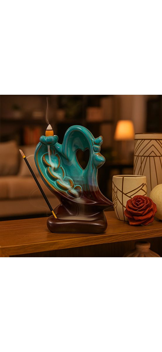 Fântână forma inima pentru conuri parfumate, suport aromaterapie ceramică turcoaz cu maro 14 cm