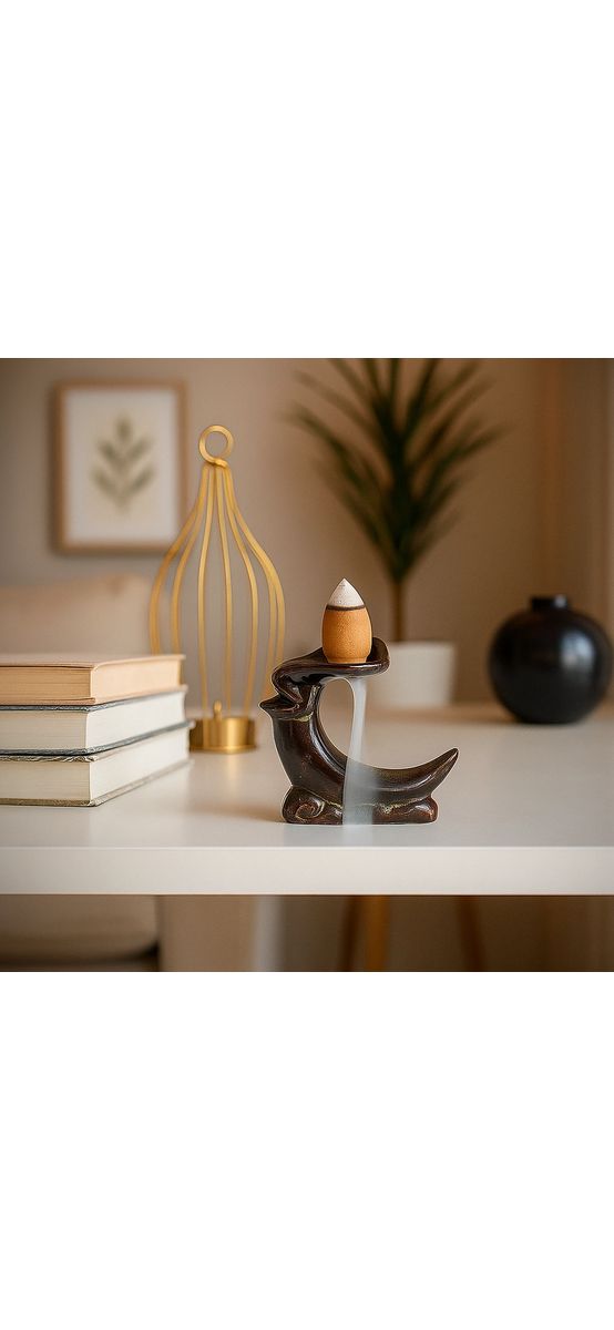 Fântână Semilună mini, suport aromaterapie cu 2 conuri backflow, ceramică negru 5 cm