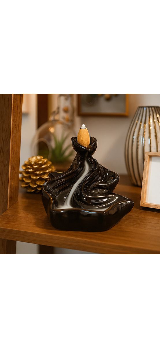 Fântână Valuri pentru conuri parfumate, suport aromaterapie conuri backflow, ceramică 9 cm negru
