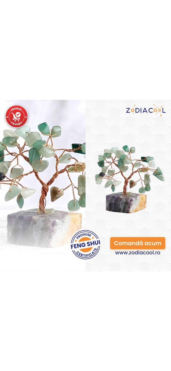 Copac cu cristale Aventurin, piatra norocului, suport din pietre semipretioase, 8 cm