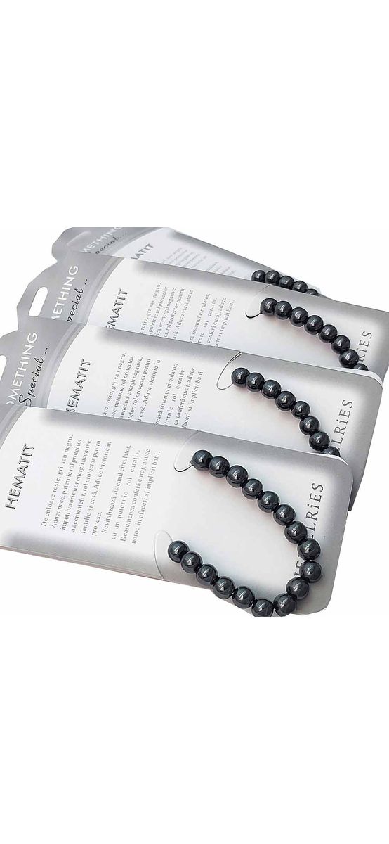 Set bratara Hematit cu felicitare personalizata, piatra protectie 6 mm, femei barbati elastica negru