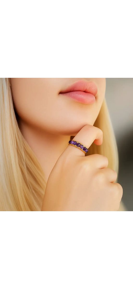 Inel Ametist Natural, pietre mici în suport auriu flexibil, reglabil și elegant