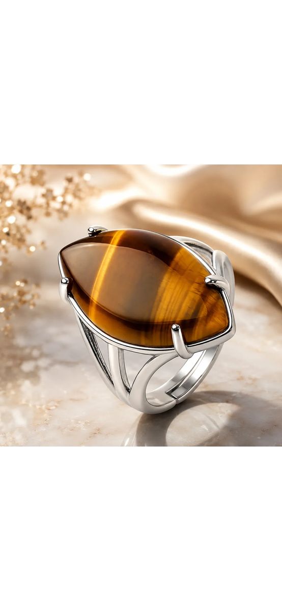 Inel Ochi de Tigru, piatra mare 2.7 cm forma marquise, oțel inoxidabil, reglabil pe mai multe mărimi
