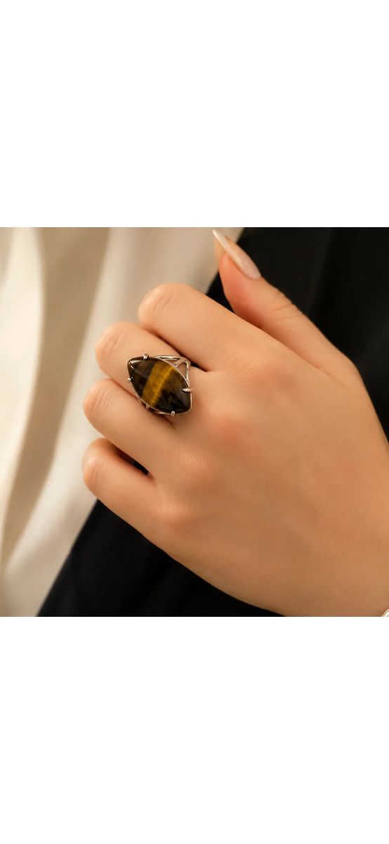 Inel Ochi de Tigru, piatra mare 2.7 cm forma marquise, oțel inoxidabil, reglabil pe mai multe mărimi