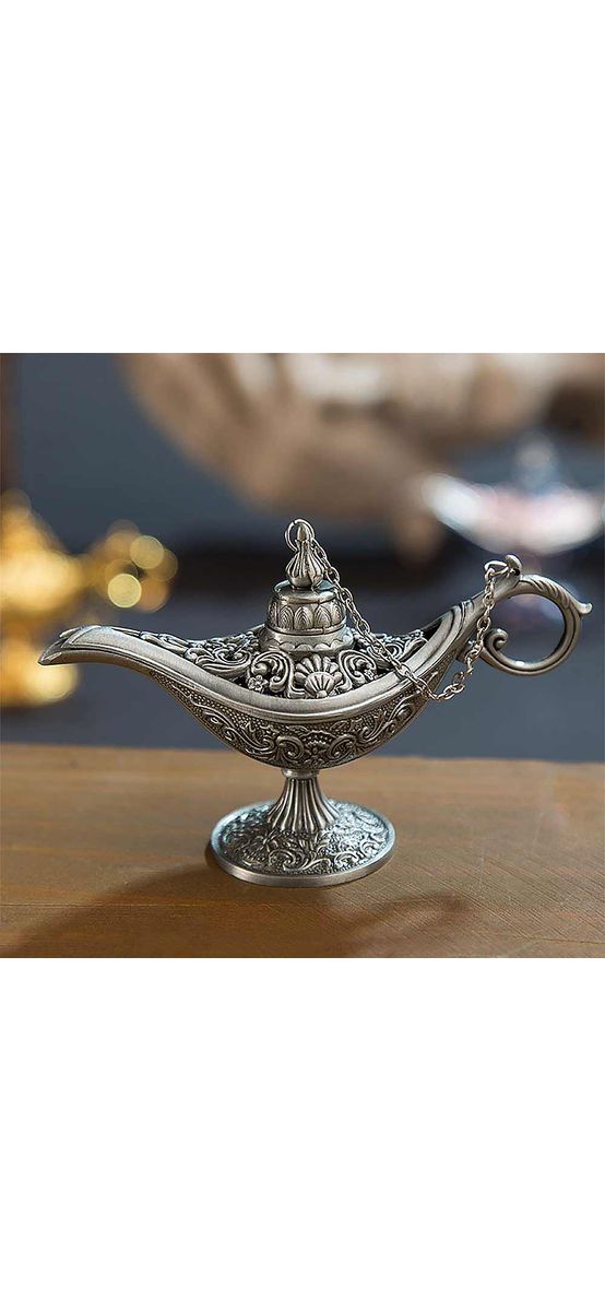 Lampa magica a lui Aladin, gravura florala sculptata in metal de calitate, obiect decor argintiu