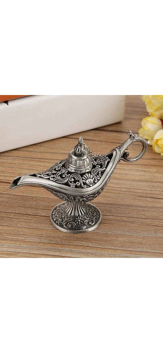 Lampa magica a lui Aladin, gravura florala sculptata in metal de calitate, obiect decor argintiu