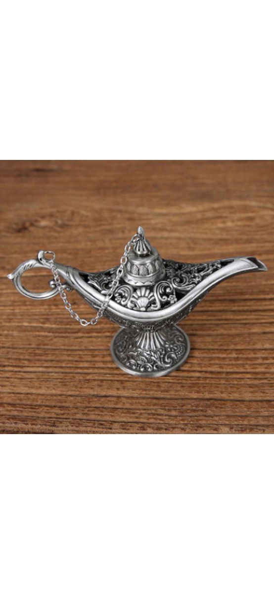 Lampa magica a lui Aladin, gravura florala sculptata in metal de calitate, obiect decor argintiu