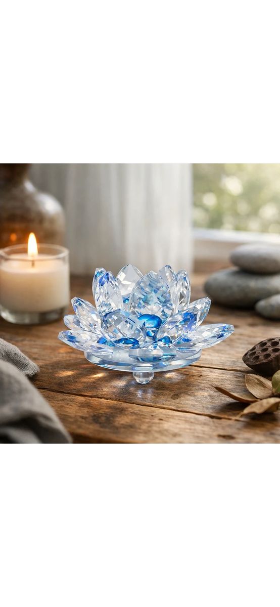 Lotus albastru, decoratiune din cristal de sticla tip nufar, amuleta pentru armonie, 8 cm