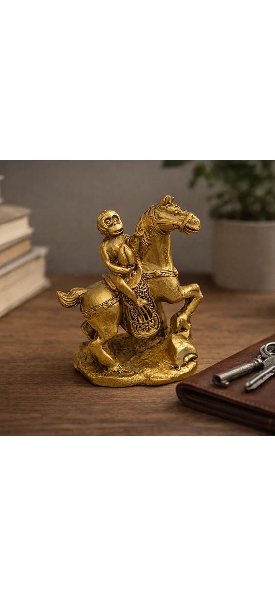 Maimuta pe cal cu piersica, obiect feng shui pentru promovare rapida in cariera si  succes in afaceri, statueta auriu