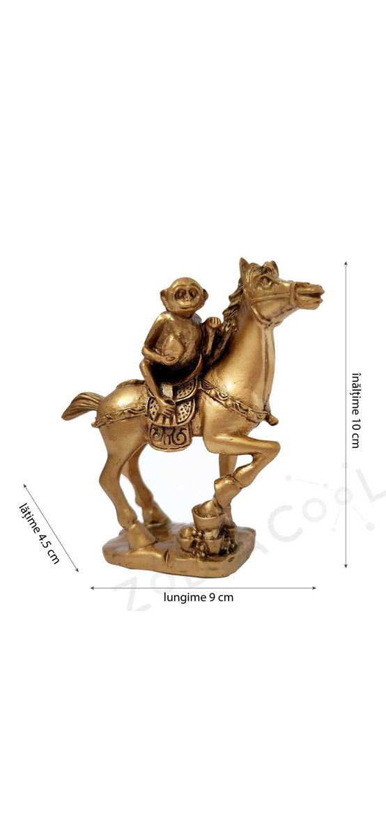 Maimuta pe cal cu piersica, obiect feng shui pentru promovare rapida in cariera si  succes in afaceri, statueta auriu
