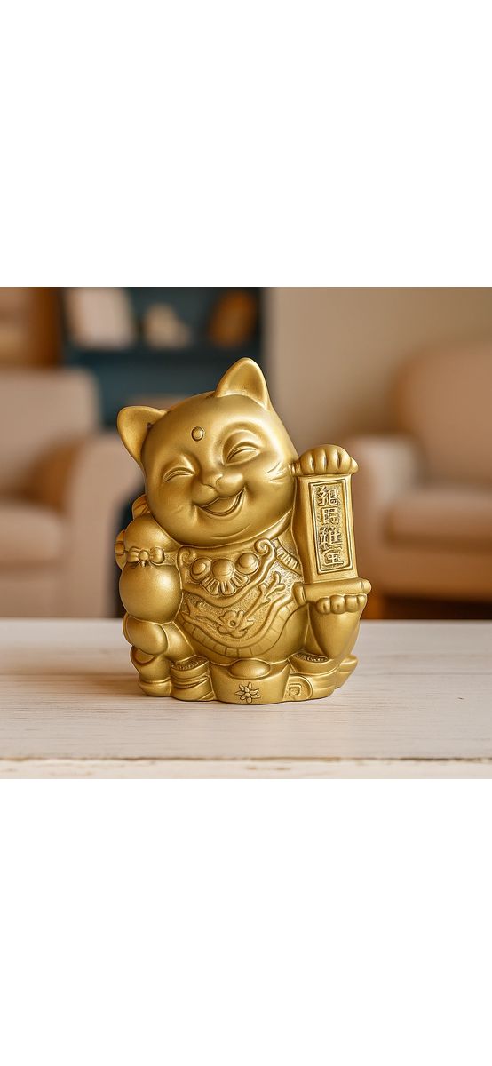 Pisica Maneki Neko pe pepite, remediu feng shui pentru protecție și prosperitate, rășină aurie 8 cm
