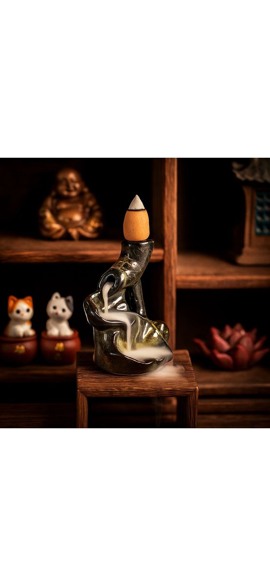 Mini fântână Lotus, suport de aromaterapie ceramică  6 cm negru verde